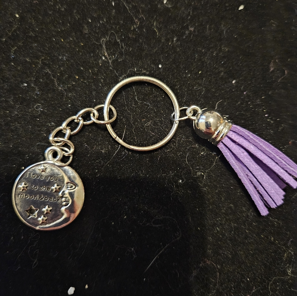 Keychain Moon Pendant Silver Tinted with Purple Tassel - Handmade